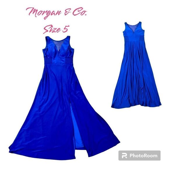 Morgan & Co. Blue Maxi Plunging V neck, Side Mesh Cutouts A-Line Size 5 - Picture 1 of 16